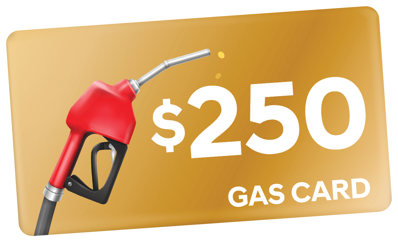 $250 gas card with a red fuel nozzle